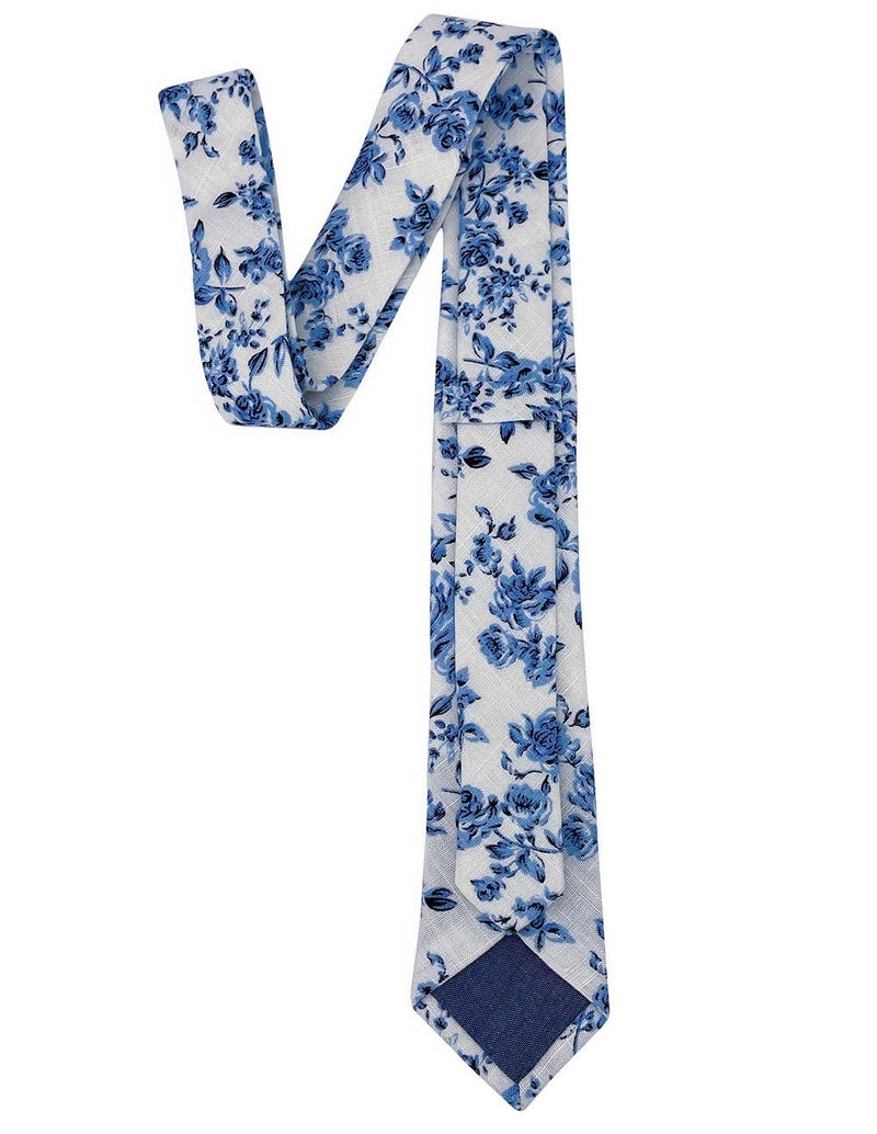 Kebocis Mens Blue Floral Necktie Skinny Tie White - Image 3